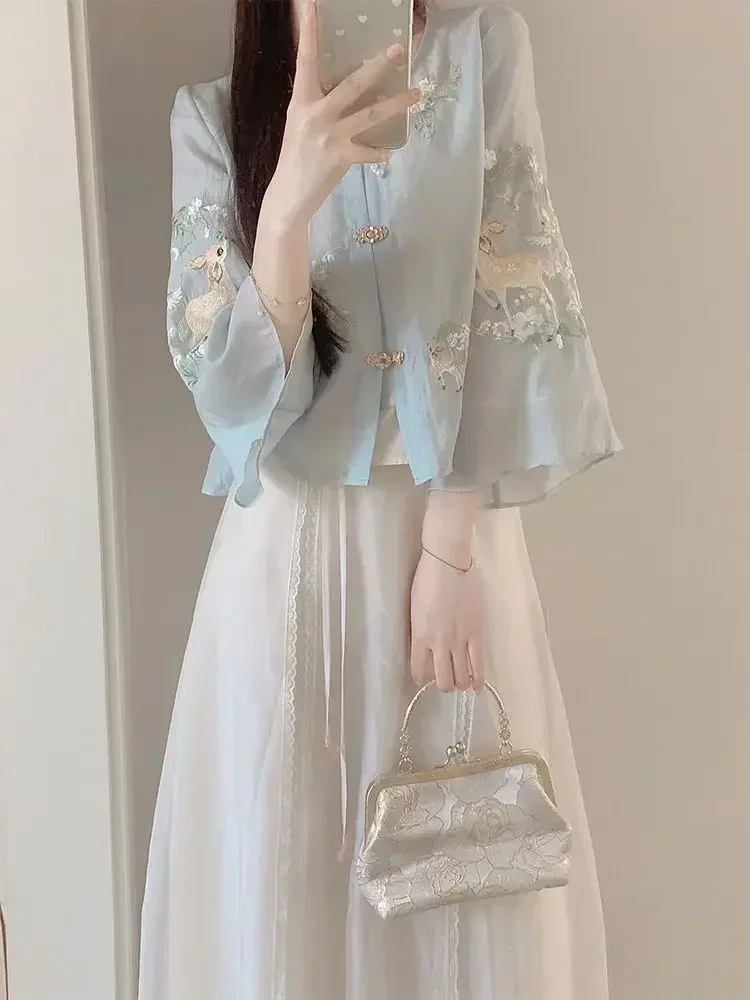 2024 New Chinese Style Suit Women Advanced Sense Heavy Industry Summer Exquisite ricamo Top mezza gonna Set a due pezzi