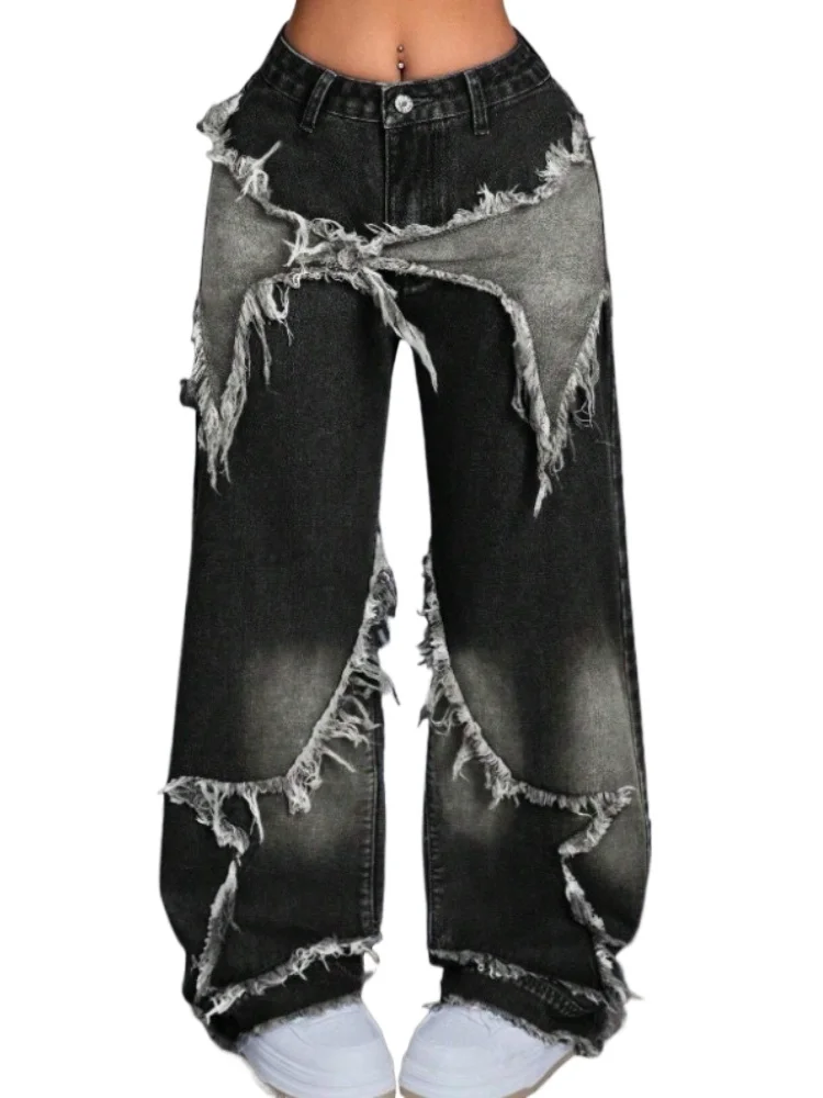 HOUZHOU Vintage Y2k Gray Jeans Women Star Patchwork 90s Gothic Denim Trousers Harajuku 2000s Black Baggy Jean Pants Aesthetic