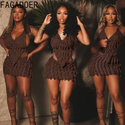 FAGADOER Brown Sexy Ruched Halter Irregular Two Piece Sets For Women Deep V Backless Slim Top And Mini Skirts Outfits Streetwear