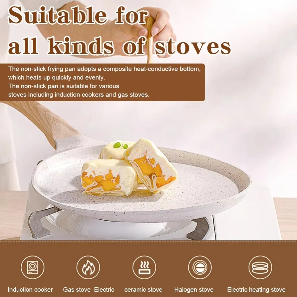 20/24/28cm Frying Pan Flat Bottom Non-Stick Egg Saucepan Skillet Kitchen Cookware with Wooden Spreader Cooking Pot