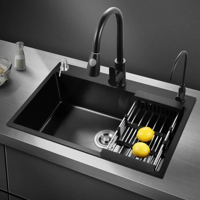 Stainless Steel Kitchen Sink Black Nano Finish Multiple Sizes Single Bowl Wash Basin with Topmount/Undermount Drain Set