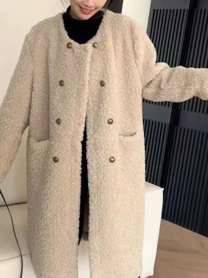 Warme, bezaubernde, lange Lammfell-Jacke, lockere, vielseitige Winter-Oberbekleidung, Polyesterfaser, langer Sve, runder Ne-Doppelknopf