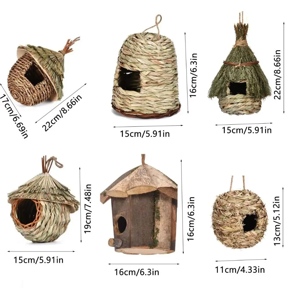 Straw 6 Style Birds House Weaved Outdoor Decorative Hummingbird Cage Garden Hanging Wooden Birds Nest Shelter