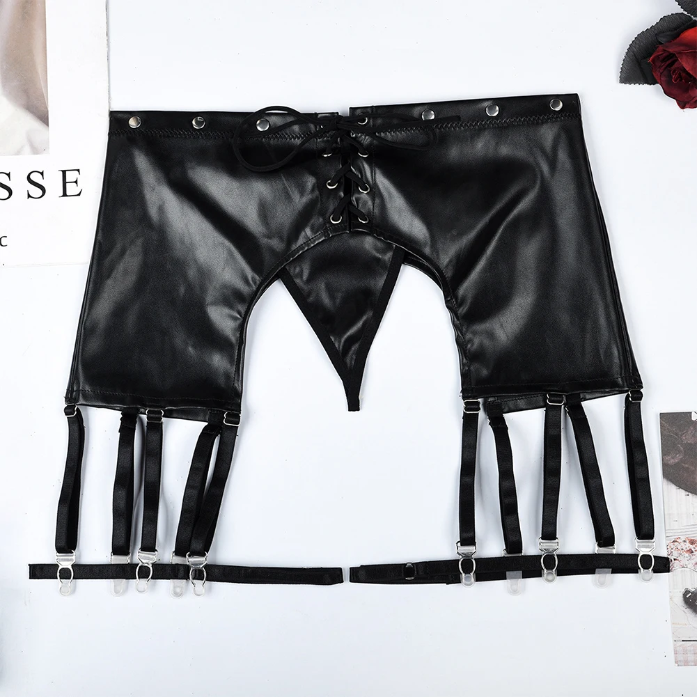 جوارب نسائية فو جلدية بحزام الفخذ العليا جوارب g-خيط ثونغ للسيدات الجنس مفتوحة بعقب الملابس الداخلية المثيرة الجوف خارج #6