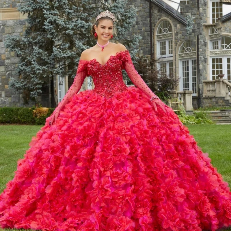 

Red Quinceanera Dresses Long Sleeved Beaded Off Shoulder Ball Gown Vestidos De 15 Años Tull Tiered Sweet 16 Birthday Party Fiest