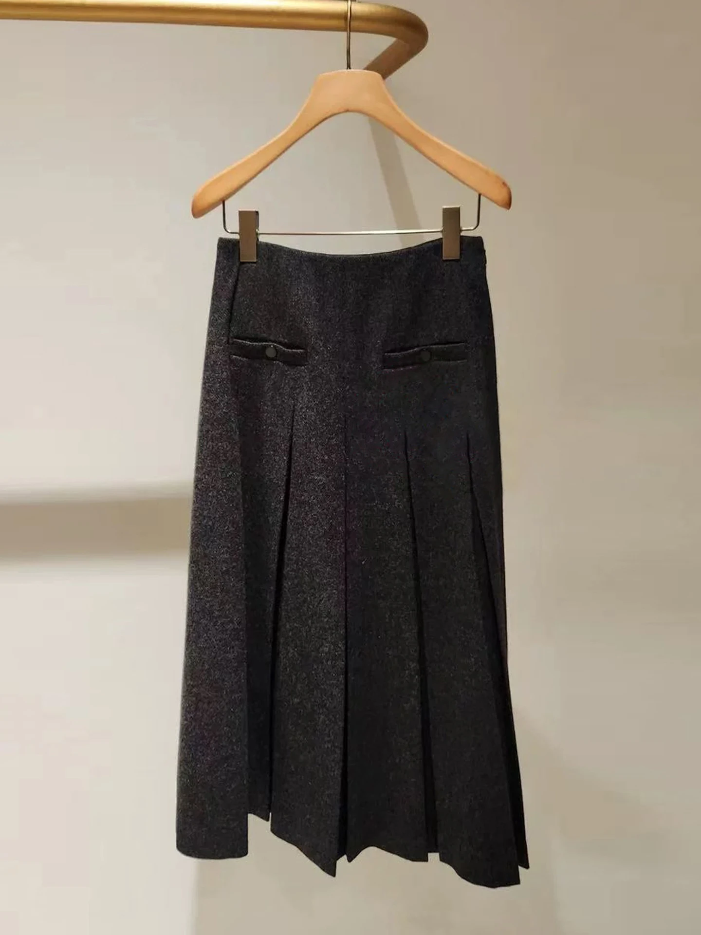 Długa wełniana spódnica w kratę dla kobiet, jesienno-zimowa, w stylu uniwersyteckim, do ziemi, składana, prosta, do pracy, z wysokim stanem, w kształcie litery A.