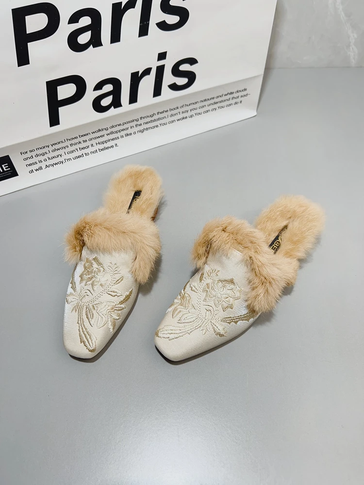 レトロな中国風刺繍入りファー付きスリッパ-レディース-アウトドア-冬用-厚底ヒール-フリース裏地付き-ミュールシューズ-ヘッドカバー付きハーフスリッパ