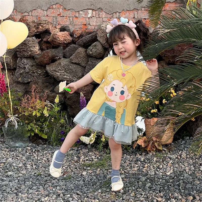 جديد فستان الأميرة الفتيات فستان الصيف قصيرة الأكمام الحلو الفتيات طباعة فستان الأطفال ملابس للحفلات الدانتيل المرقعة فساتين الاطفال