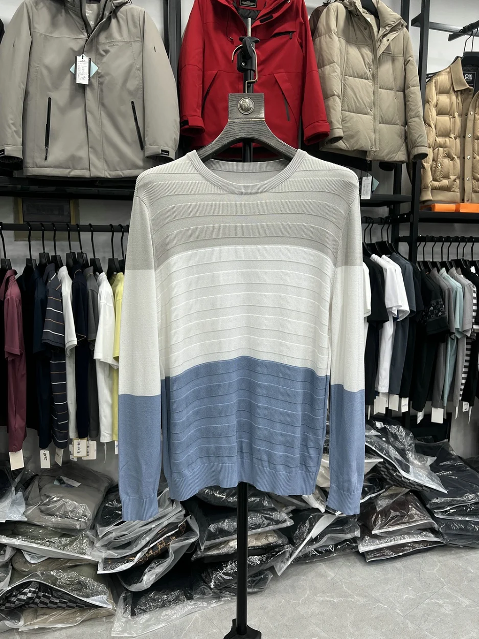 

Elastic Knitted Long Sve Men's T-irt Thin round Ne Pullover Color Blo Texture Spring New Arrival Youth Casual Wear