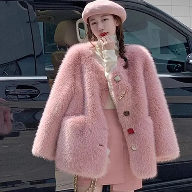 Korean Women Long Sleeves Short Fur Jacket 2025 Female High End Plush Outwear Autumn Winter Ladies Fashion V-neck Faux Fur Coat