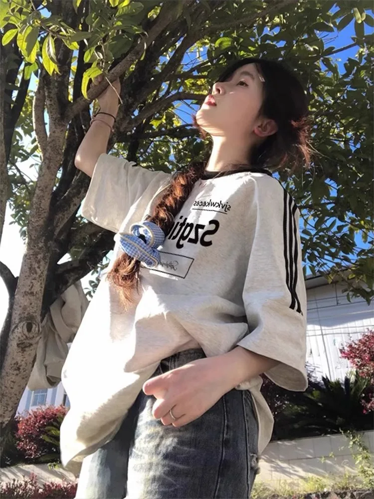 Cseta Fena de Aodão Puro Estilo Americano com Três tras Manga Curta Solta Estilo Preguiçoso Gola Redonda para o V...