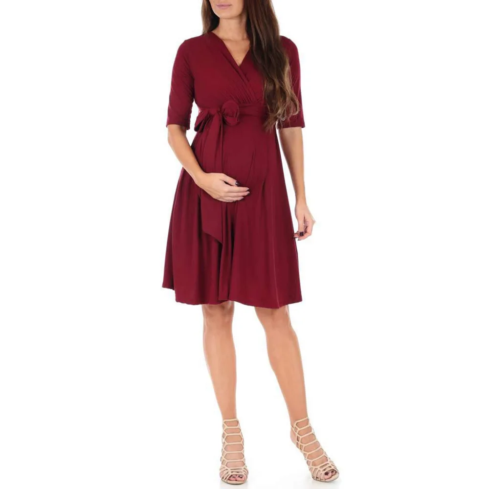 Maternity Drawstring Dress Maternity Clothes Summer Casual Pregnant Women Short Sleeve V-Neck Dress Vestidos Pregnancy Clothing