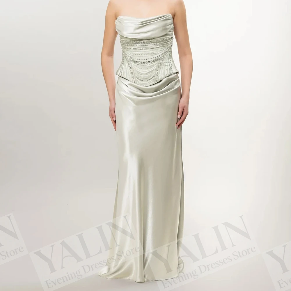 Women's A-line Evening Dresses Floor-length Strapless Sleeveless Prom Dresses Fashion Crystal Pleat Backless Customized Gowns