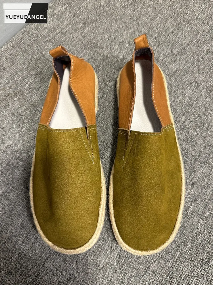 

Handmade Men Fashion Comfortable Cowhide Genuine Leather Round Toe Shoes Vintage Breathable Slip On Casual Mid Heel Flats Shoes