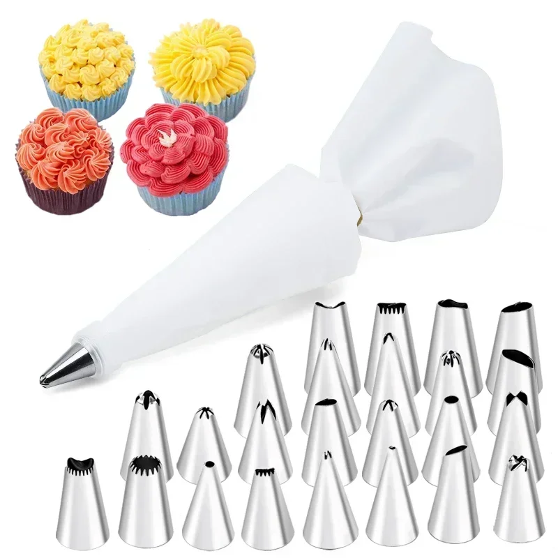 6-24 Pcs Set Pastry Bag and Stainless Steel Cake Nozzle Kitchen Accessories For Decorating Bakery Confectionery Equipment