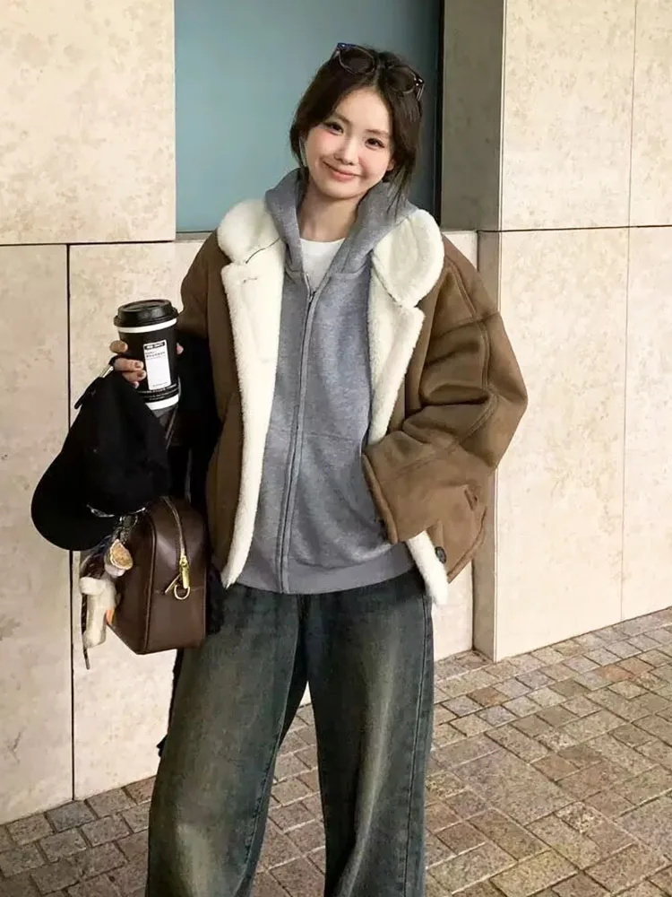

ZADORIN Vintage Korean Chic Double Faced Suede Lamb Faux Fur Coat Woman Oversized Warm Fluffy Brown Fur Jacket Winter Fur Coats