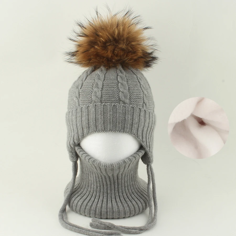 

Children Knitted Wool Hat Neck Set 2PCS Real Raccoon Fur Pompom Beanie Girl Boy Winter Warm Fleece Kids Outdoor Earflap Baby Cap