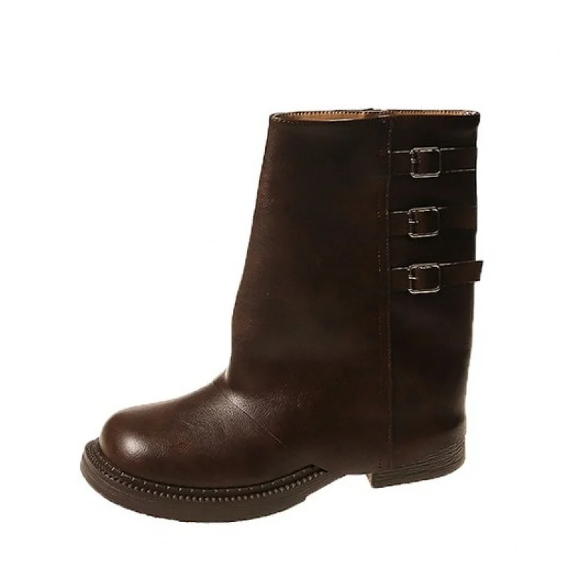 Bottes mi-mollet en cuir PU pour femmes, chaussures à enfiler, bottes d'équitation à talon optique, plissées, marron, automne, 2025