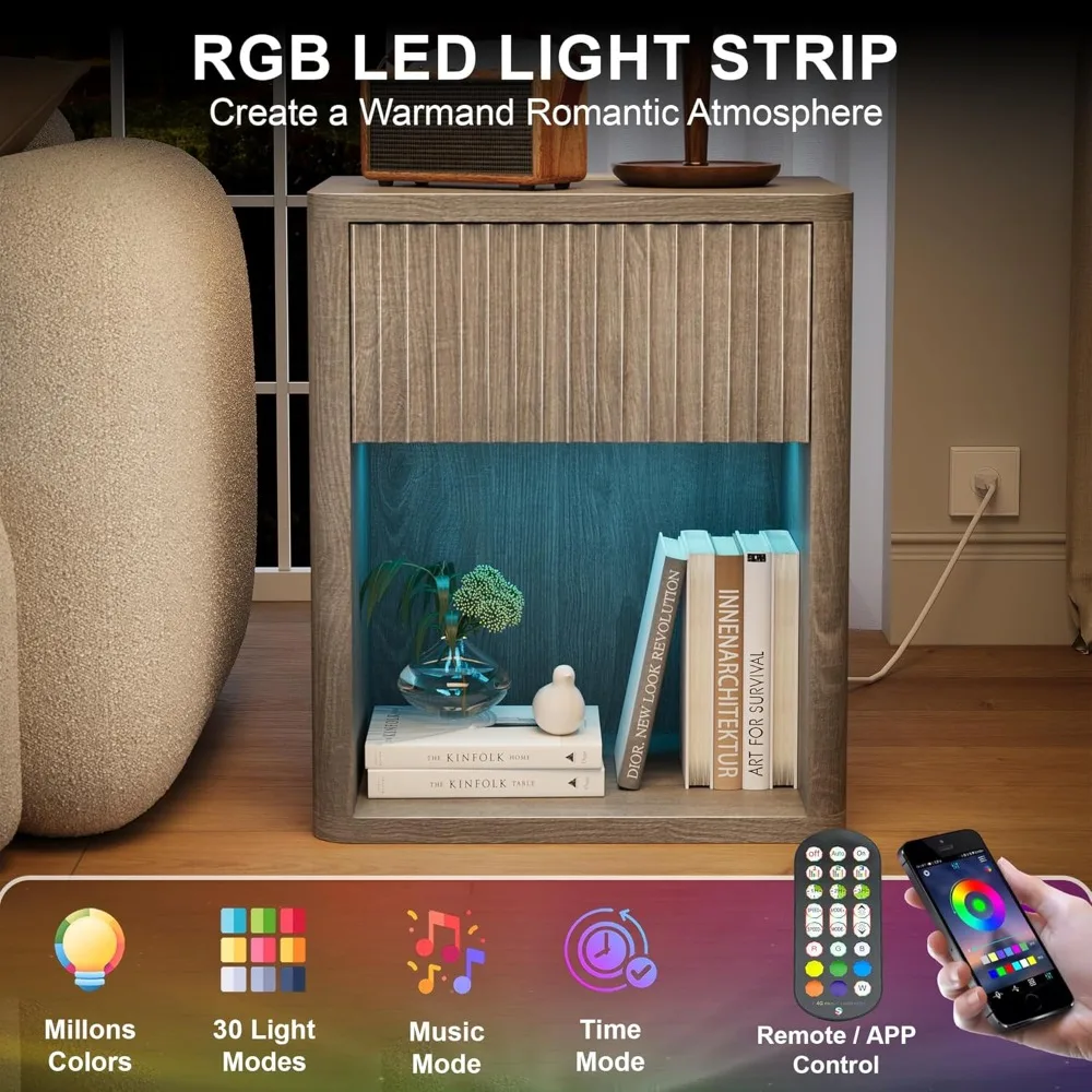 Set of 2 Nightstands, Nightstand with Charging Station & LED Light, Fluted Night Stand with Drawer, Mid Century Modern Bedside T