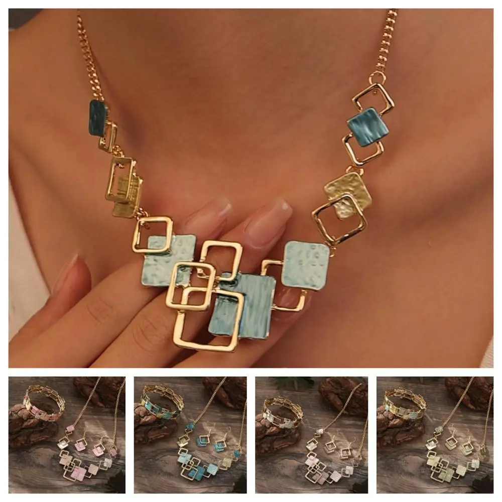 

Fashion Geometric Necklace Bracelet Earrings Hollow Out Vintage Square Bracelet Enamel Textured Vintage Colored Necklace Party