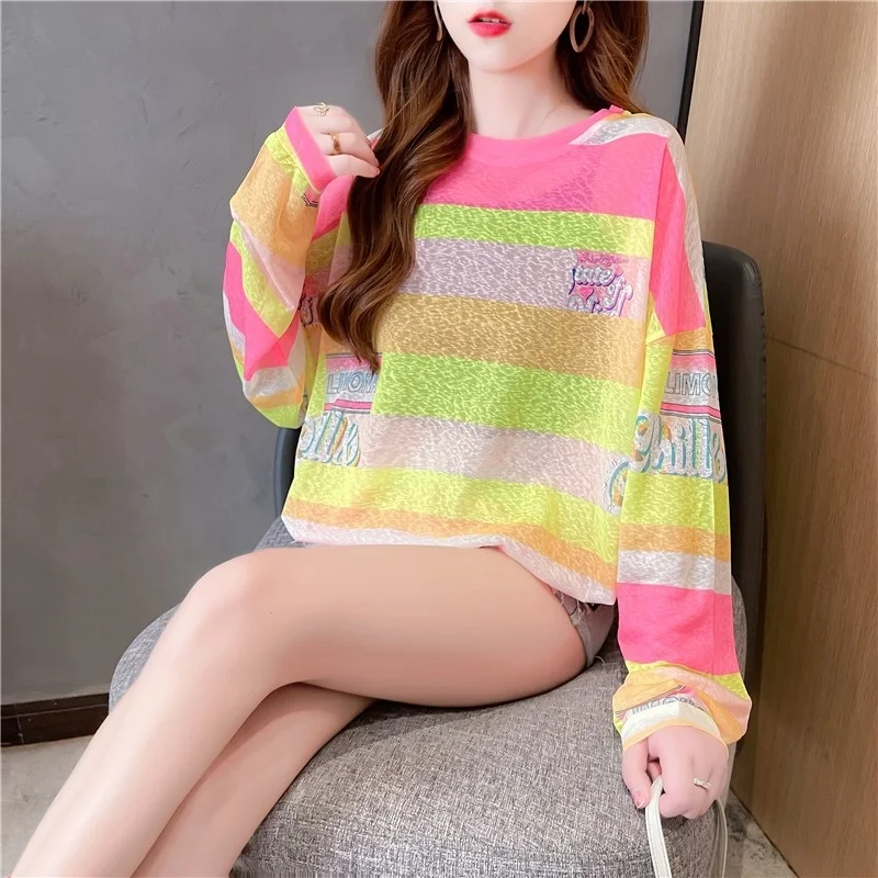 #0643 Sunscreen T Shirt Clorful Stirped Tshirt Long Sleeve Loose Thin Perspective T-Shirt Femme Beach Streetwear Tee Summer 2023