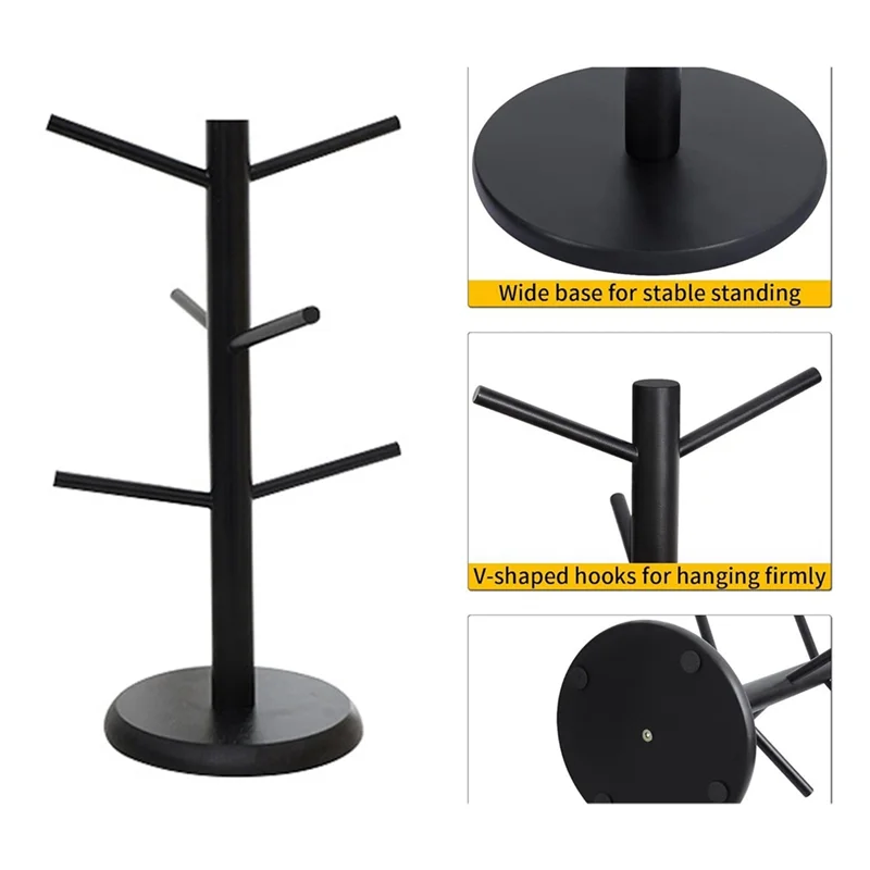 AB15-Soporte para tazas de café de bambú con 6 ganchos, árbol para tazas negro con Base gruesa, estante de almacenamiento para mostrador