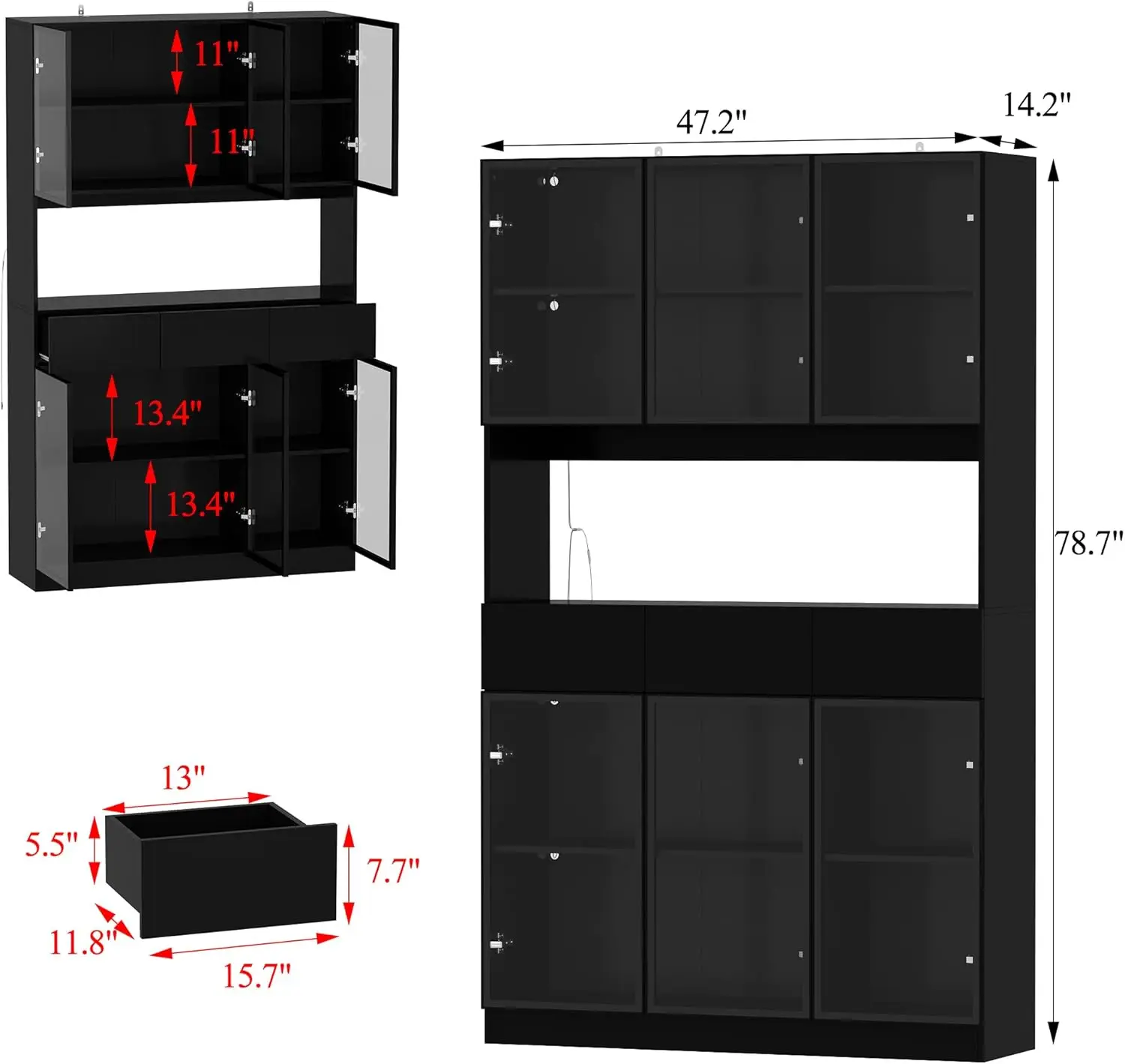 Display Cabinet with Light, Storage Shelves with Pop-up Glass Doors, 3 Drawers & 3 Color Light, Collectibles Cabinet