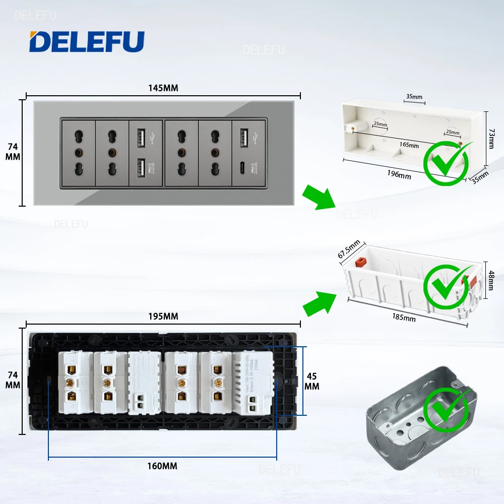 DELEFU Glass SC70 Panel 195mm Grey Italian Standard USB C-type Fast Charging Wall Socket Switch TV Telephone CAT5 CAT6
