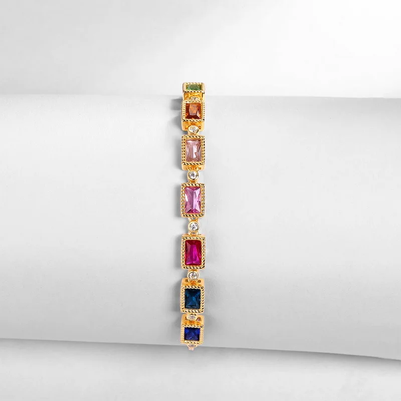 Trendy 18K Gold Plated Rainbow Gemstone Link Bracelet for Women Colorful Baguette Zircon Charm Bracelet Y2K Party Jewelry