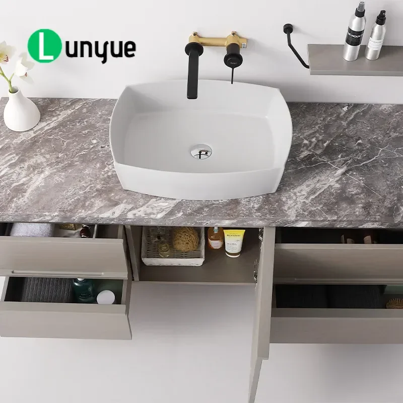 Langsi Marble Bathroom Vanity Cabinet with Integrated Basin Hand Wash Sink Set Modern Furniture for Home Hotel Wholesale