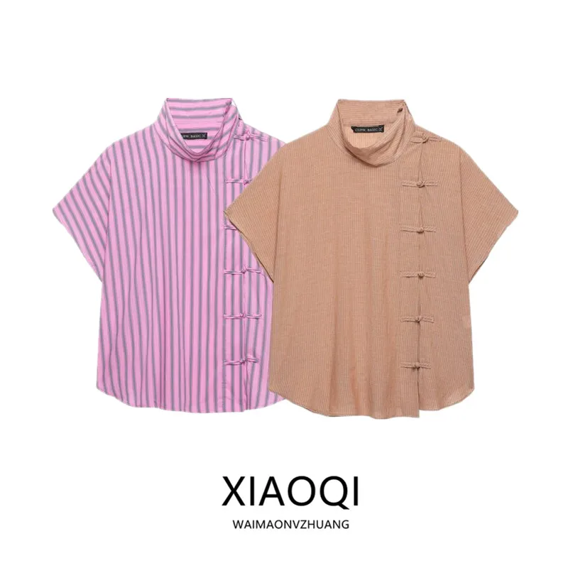 Summer 2026 Women's Fashion Short Sleeve Stand Collar Striped Rope Knot Shirt Versatile New Arrival Commute Style Loose Fit