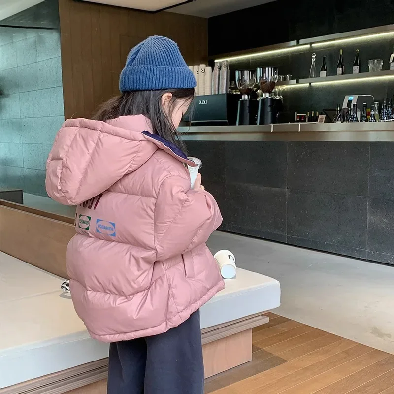 Winter Jacket Girls Parkas Fashion Down Cotton Thicken Warm Coat For Kids Glossy Hooded Snowsuit Short Streetwear TR210