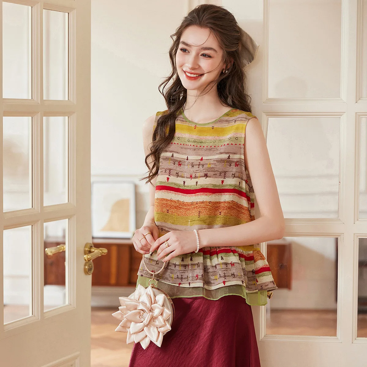 LOUIS YAO Printed Ruffle Edge Shirt 2025 Summer Fashion Retro Color blocked Elegant Temperament Sleeveless Round Neck Shirt