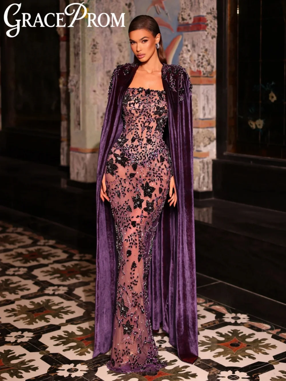 

Фиолетовое блестящее вечернее платье с кристаллами, бархатная накидка, иллюзия, русалка, свадебное платье, новые роскошные длинные банкетные платья по индивидуальному заказу