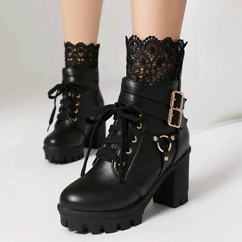 

Women's Lace Trim Chunky Heel Ankle Boots Gothic Lace Up Platform Short Boots with Buckle Fashion Black Motorcycle Boots Ladies