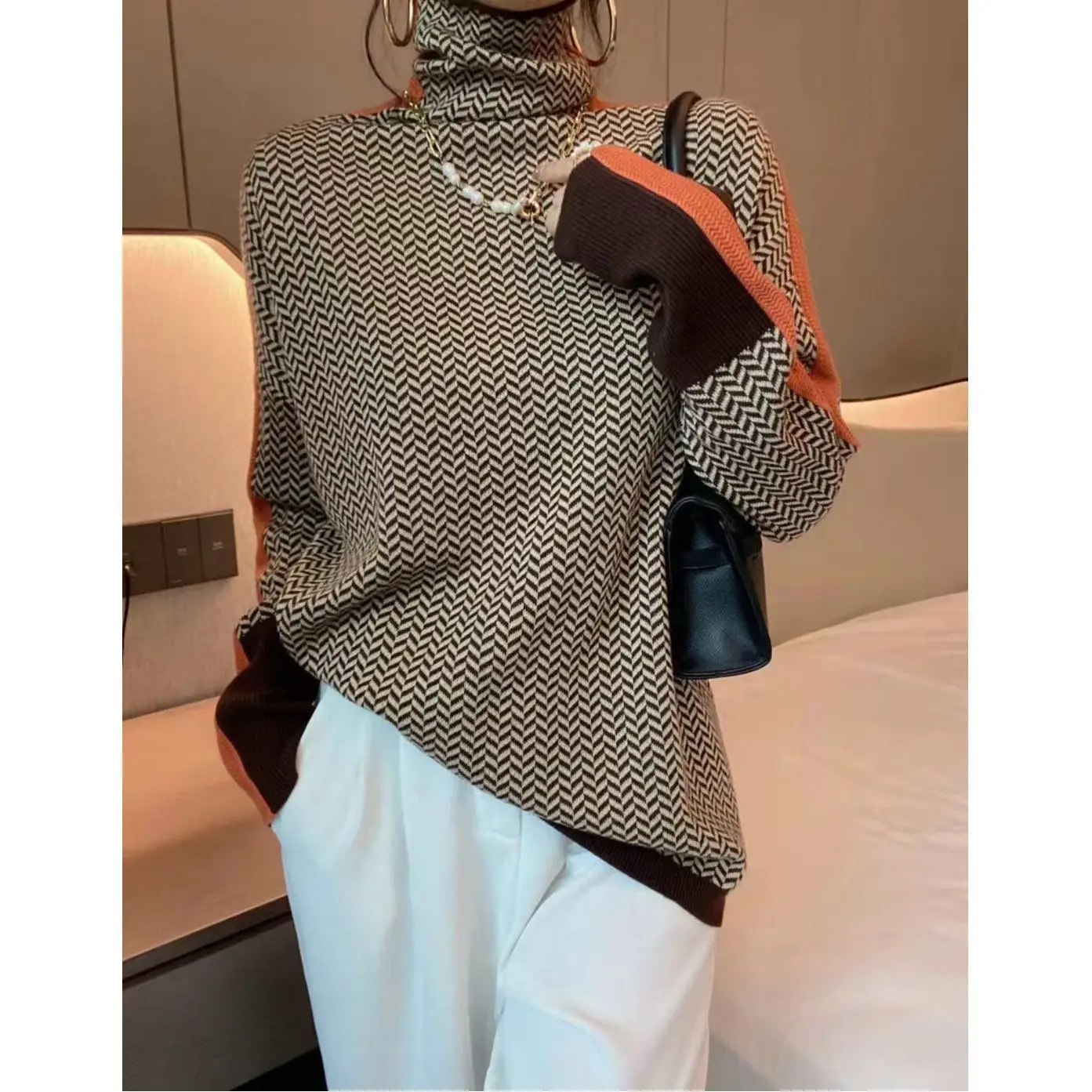 Korean Fashion Women Turtleneck Sweater Autumn Winter Vintage Long Sleeve Plaid Versatile Bottoming Pullovers Casual Knitted Top