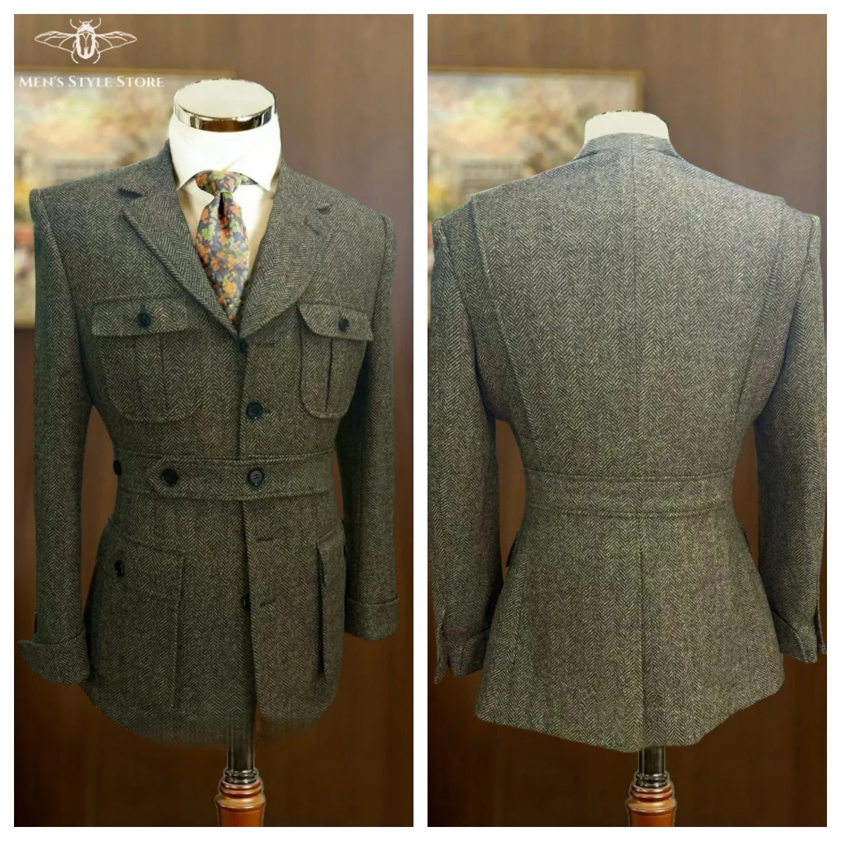 

Men's Classic Herringbone Tweed Hunting Jackets Blazer Three Buttons Sport Coats Wool Blend Coat with Four Pockets