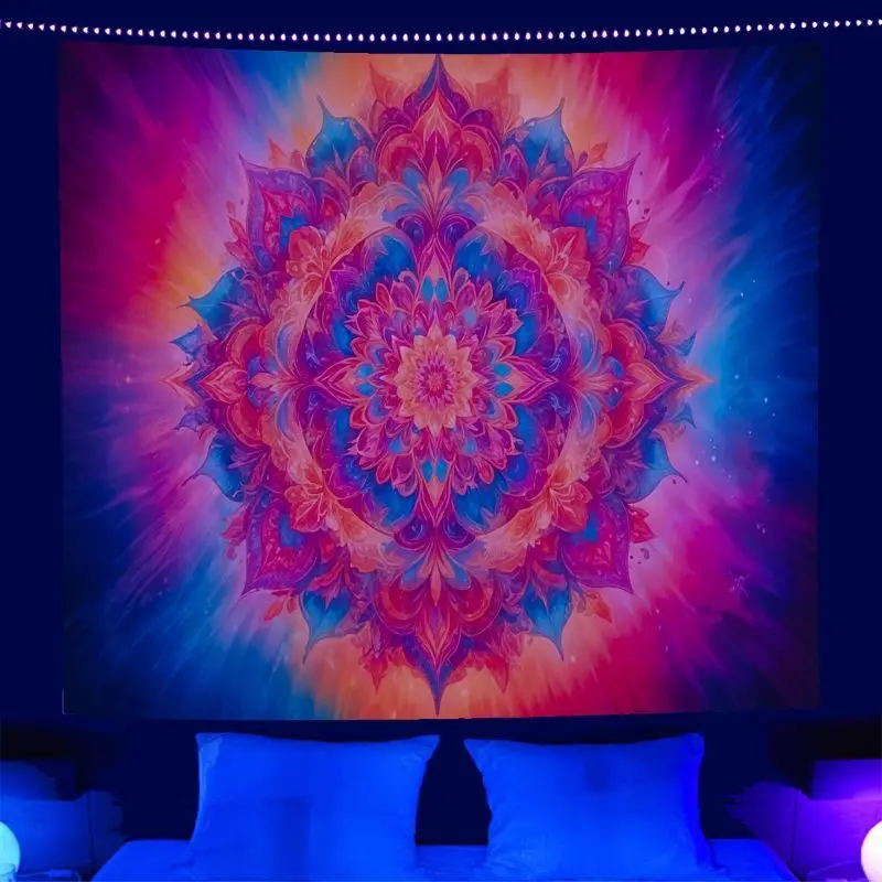 VIKAMA UV Reactive Bohemian Mandala Tapestry Psychedelic Neon Glow Wall Hanging for Bedroom Dorm Bohemian Home Decor