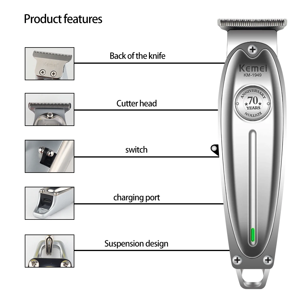 Kemei Electric Push Shear Metal Body Professional Salon Men\'s Oil Head Carving Rechargeable Beard Cutting Hair Clipper KM-1949