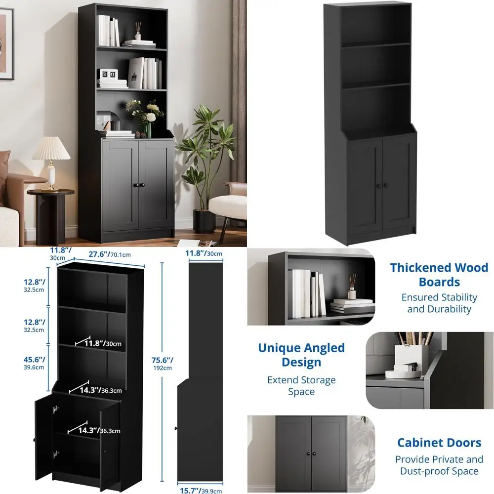 رف كتب كبير بطول 5 طبقات مع خزانة تخزين بعمق 15.7، وخزانة كتب قائمة بذاتها مع بابين لجهاز مادة القراءة الواسعة