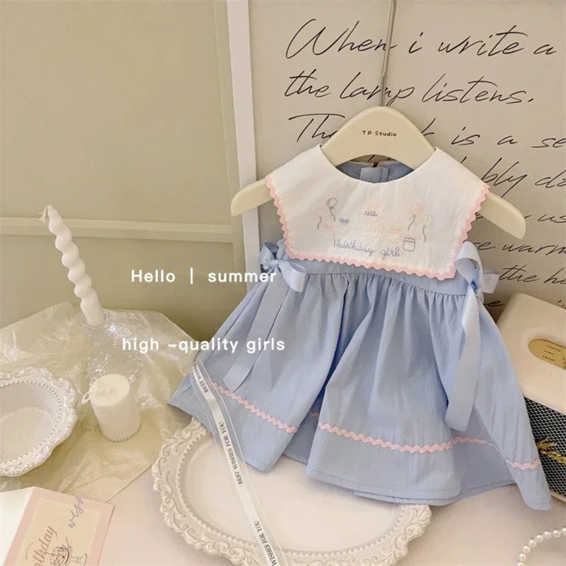 Baby Girl Dress Girls Summer Blue Heavy Work Embroidery Dress Baby Fashion Fashion Little Child Doll Collar Vest Skirt