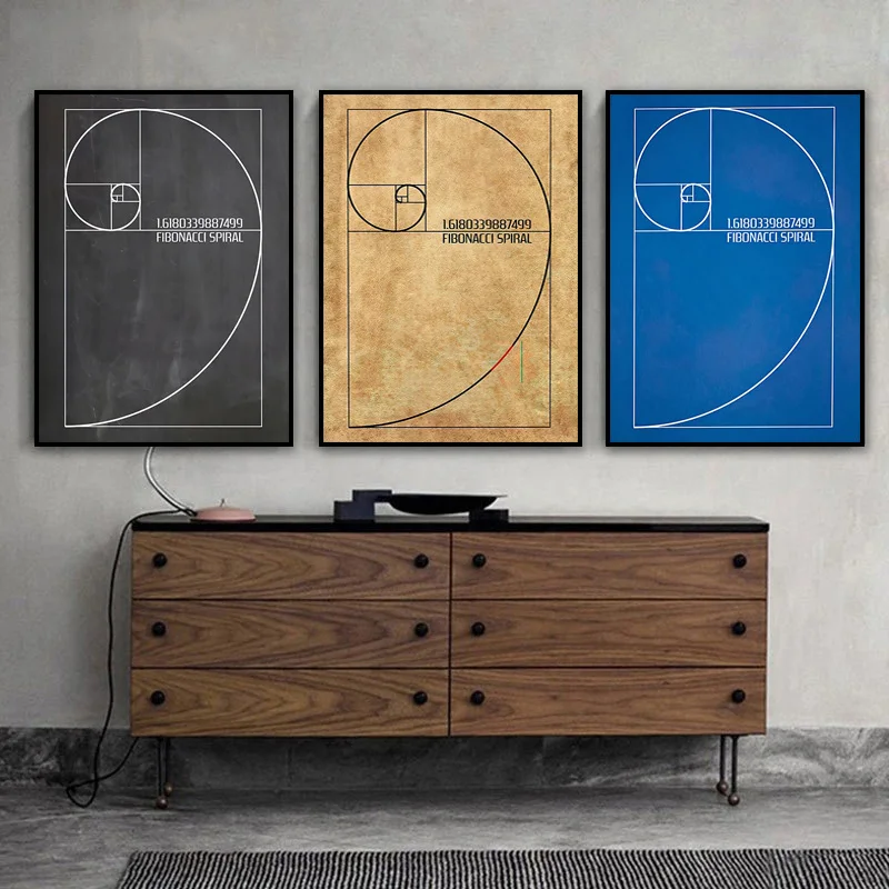 Vintage Fibonacci Spiral Patent Wall Art Canvas Painting Golden Ratio Posters and Prints Blueprint Gift idea Science Decorati