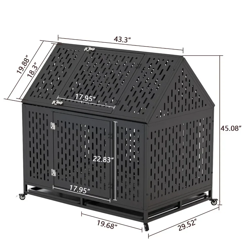 Heavy Duty Dog Crate 45 inch Indestructible Pet Dog Cage Crate Kennel with Roof Top 2 Doors Removable Trays, Lockable Wheels