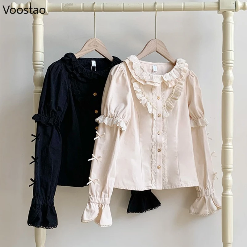 日本のビクトリア朝のヴィンテージロリータシャツ女性甘いかわいいレースリボン長袖ブラウストップス女の子ゴシック Y2k フリルブラウス