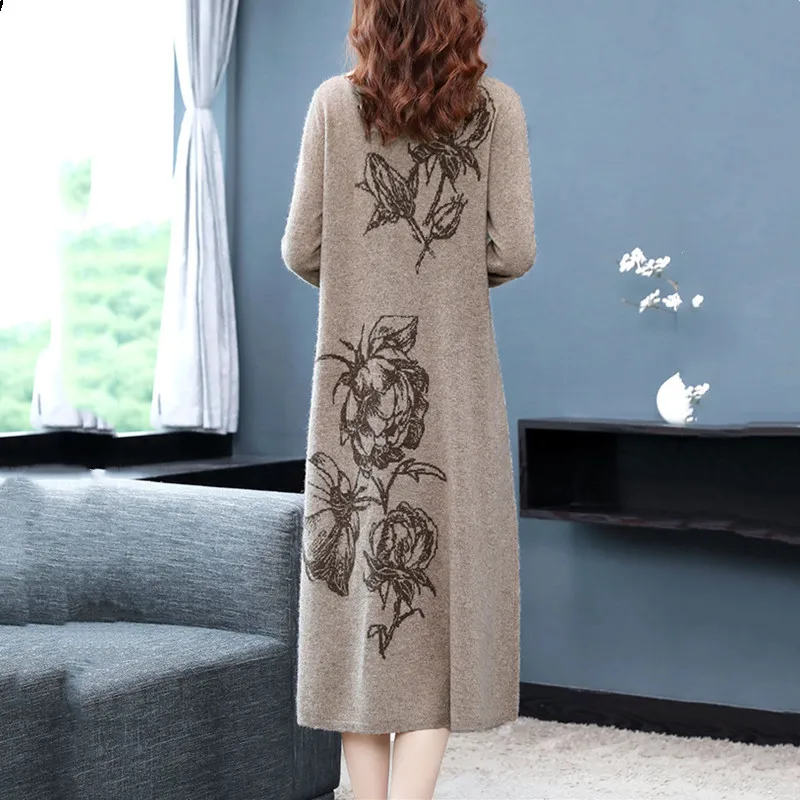 Vestido de punto Jacquard de gran tamaño para mujer, Cuello medio alto, hasta la rodilla, Vintage, botones, parte inferior