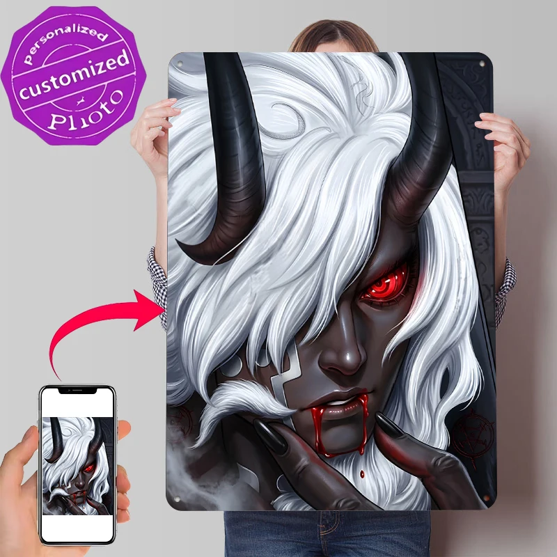 Demonic Figure With White Hair and Red Eyes Printed Poster Customized Wall Art Retro Vintage Metal Tin Signs for House Decor