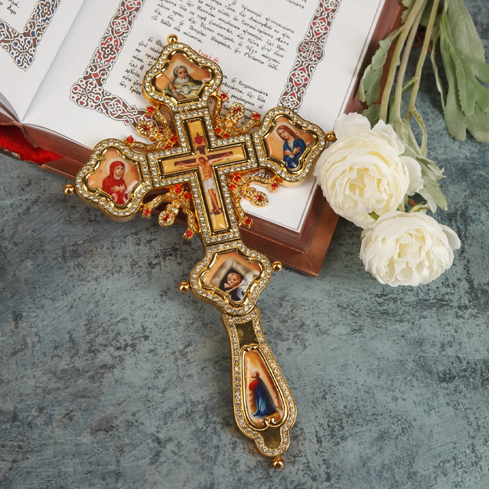Gold Silver Two Tone Tabletop Orthodox Crucifix Multi Holy Icons Red Clear Rhinestone Church Chapel Liturgical Prayer Decor Gift