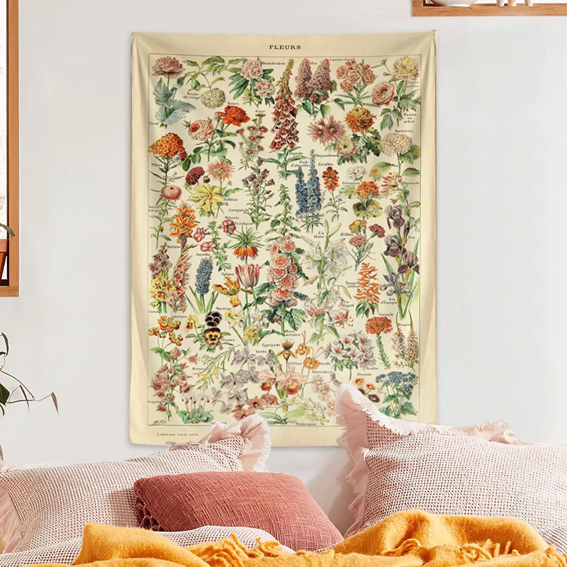 1pc Retro floral and plant tapestry, collection garden floral identification reference picture tapestry room decor aesthetic