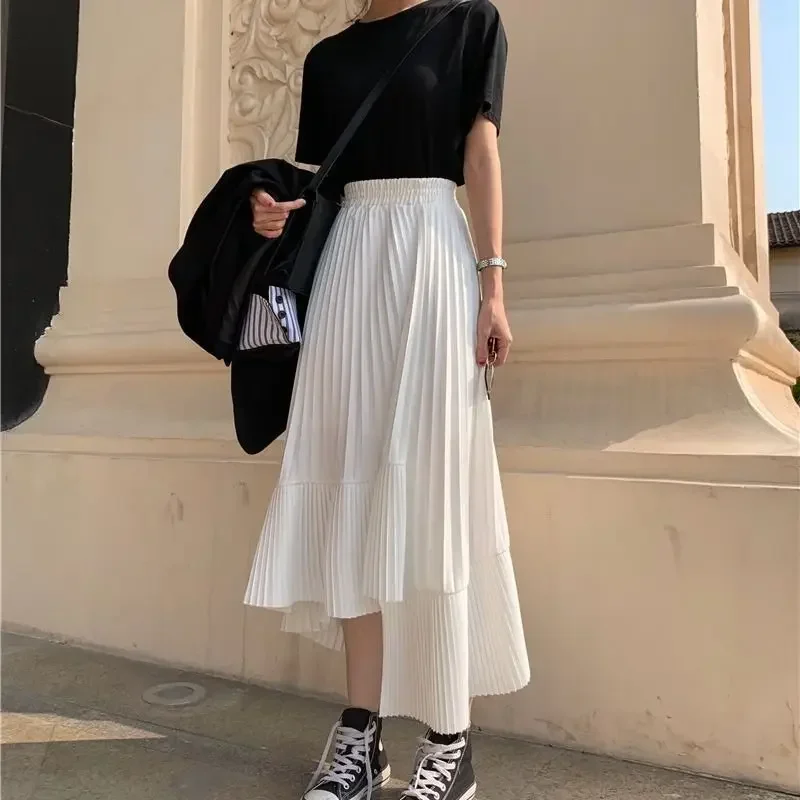 

White High Waist Pleated Skirt Women 2023 Korean Fashion Asymmetrical Ruffles Long Skirt New Summer A-line Midi Skirts