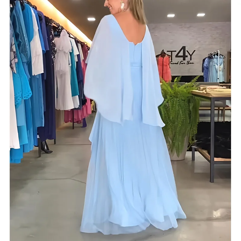 Vintage Mulheres Chiffon Vestido Verão Moda Xaile Vestido Duas Camadas Oco Out Back Big Hem Plissado Longo Maxi Vestido